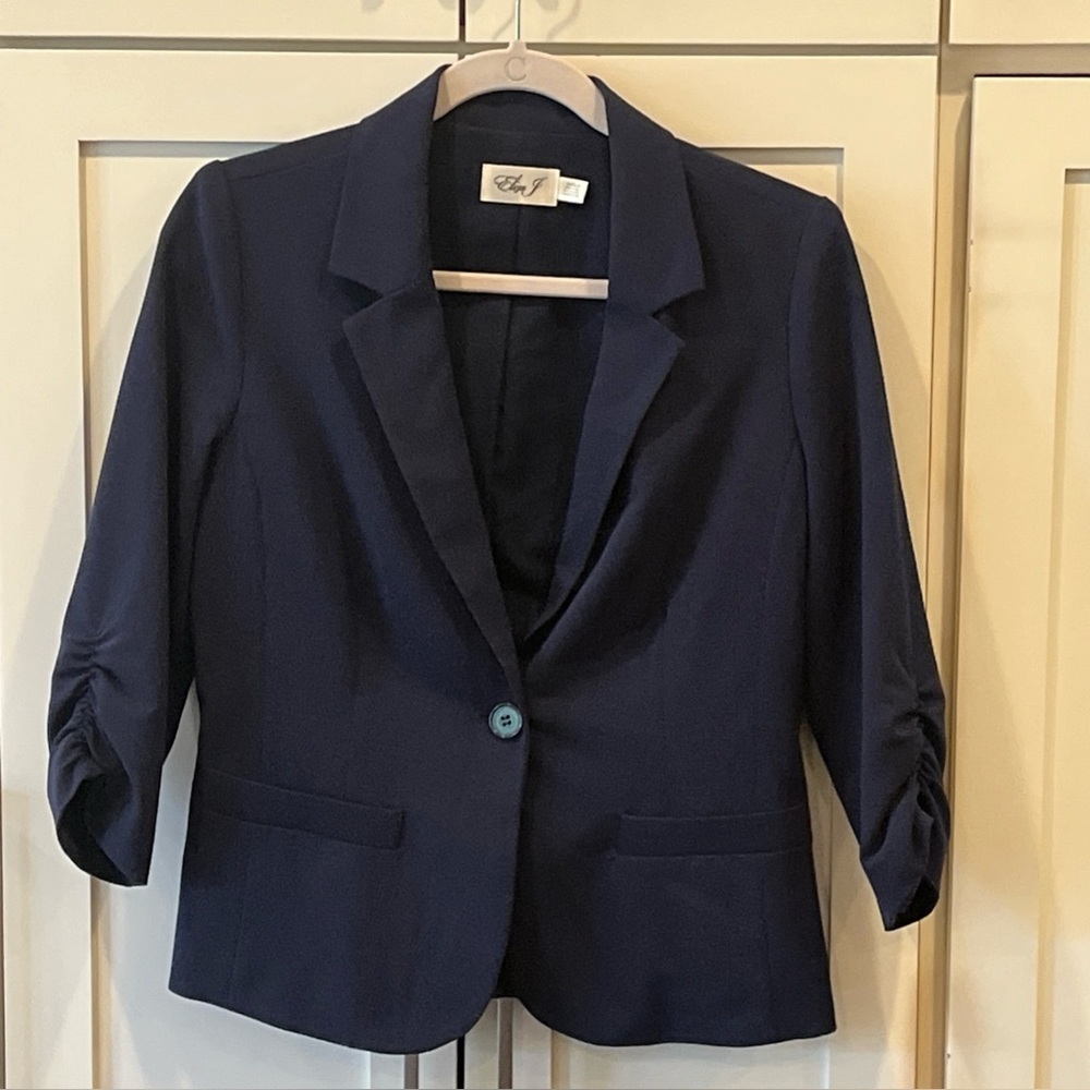 Eliza J Dress Jacket Navy Blue 3/4 Ruched Sleeve 1 Button Blazer Size Small
